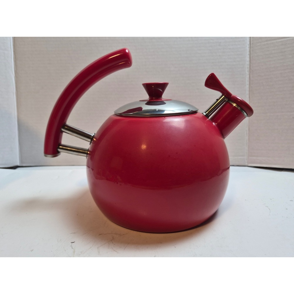 Vintage Copco Red Enamel Whistling Tea Kettle Mid Century Modern Kitchen Decor